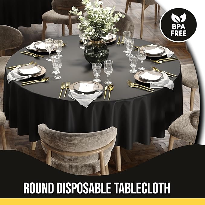 Party Solids 12-Pack Black Round Plastic Tablecloth Disposable ??Size: 90 Inches ??Round Plastic Table Cloths for Parties, Picnics & Formal Events