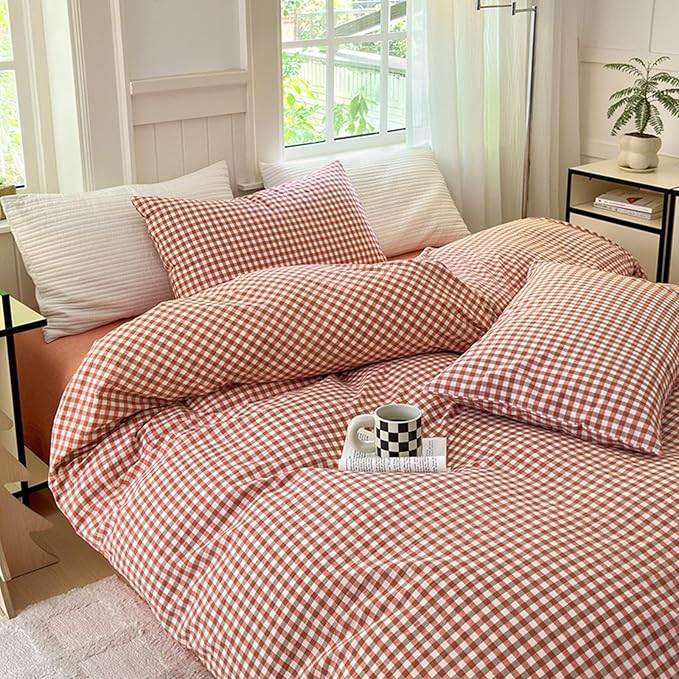 LifeTB Twin XL Comforter Set Red Orange Gingham Comforter with 2 Pillowcases Modern Style Grid Plaid Comforter Set Fluffy Soft Lightweight Gingham Bedding Set Fluffy Checkered Comforter Twin XL