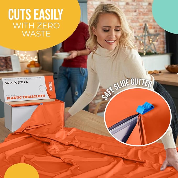 Party Solids 54 Inch X 300 Feet Orange Plastic Table Cover Roll in A Cut - to - Size Box with Convenient Slide Cutter. Cuts Up to 36 Rectangle 8 Feet Plastic Disposable Tablecloths