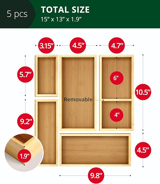 ROYAL CRAFT WOOD 5-Piece Bamboo Drawer Organizer Set ??Multi-Use Storage Trays for Kitchen, Bathroom, Office, Makeup, Jewelry & More ??Junk Drawer Tray, Utensil Holder, Storage Box & Bin Set (5 Boxes)
