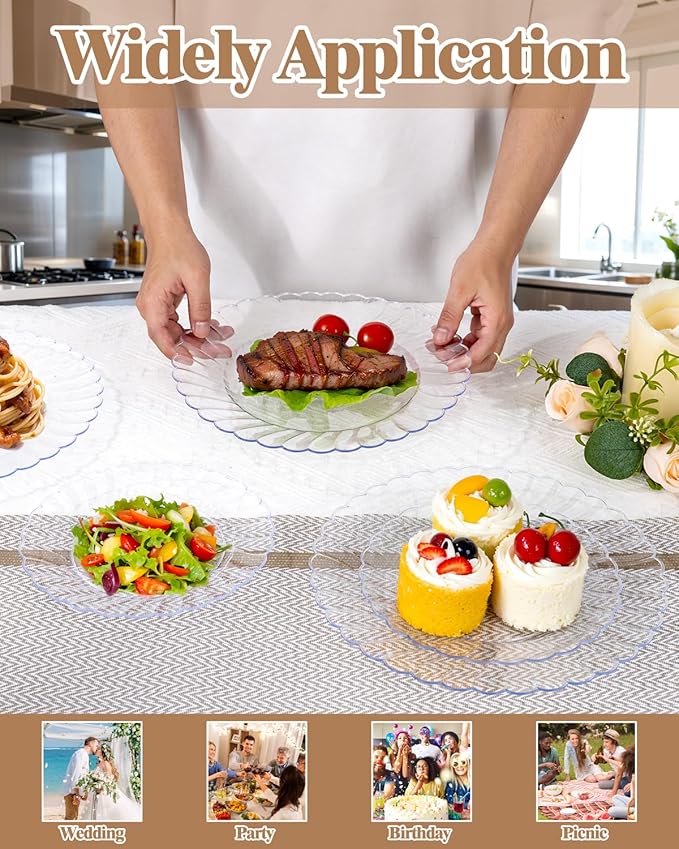 YOUBET 100PCS Clear Scalloped Plastic Plates - Heavy Duty Clear Disposable Plates, Fancy Hard Scalloped Plates Include 50 Dinner Plate, 50 Dessert Plate, for Wedding & Party