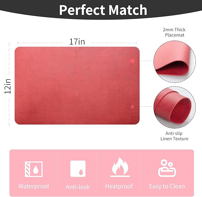 Maxpearl Faux Leather Placemats Set of 8 - Waterproof - Wipe Clean - Heat Resistant - Non Slip Dining Table Place Mats, Suitable for Indoor & Outdoor Use, 17?쇺셹12?쇺? Red