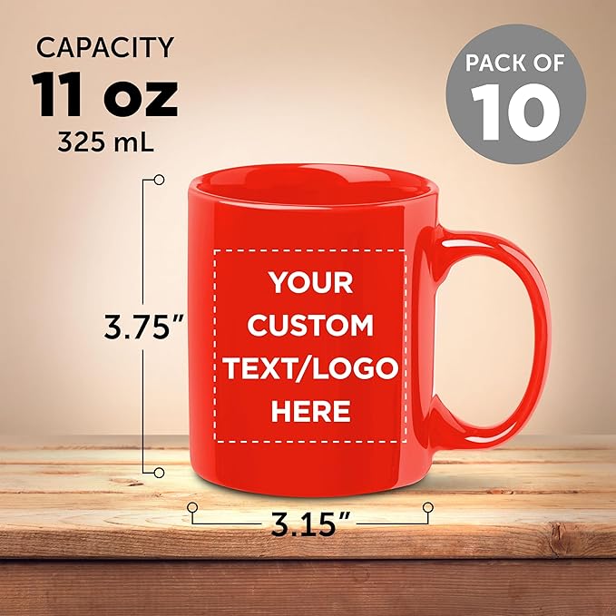 Custom Ceramic Coffee Mugs 11 oz. Set of 10, Personalized Bulk Pack - Coffee cup set, Iced coffee cup, Gaming mug - Red