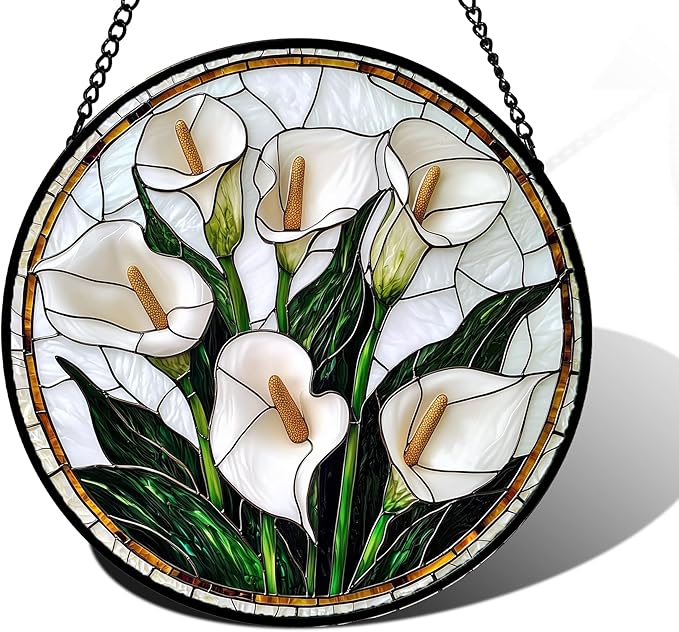 Stained Glass Window Hanging, White Calla Lily Flowers Sun Catchers Glass Panel Plant Suncatcher Decor for Birthday for Women, Men, Wife, Aunt, and Mom 9.8 in