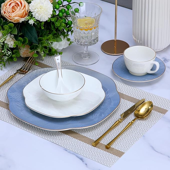 Blue 24 Piece Porcelain Dinnerware Set,Bone china for 4, Plates and Bowls Sets With Beautiful Pattern, Highly Chip and Crack Resistant | Dishwasher Safe Dishes Set (Deep Blue + Pattern)