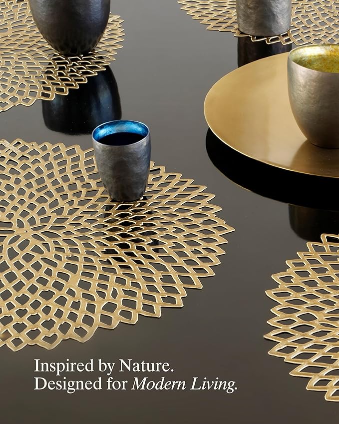 Chilewich Set of 8 - Pressed Dahlia Placemats in Champagne - Easy Care Openwork Table Mats - Indoor/Outdoor - 15.25'' x 14.25'' Round Chargers
