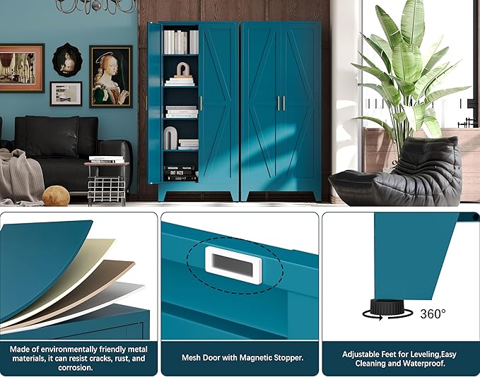 71" H Blue Metal Pantry Cabinet with Doors,Freestanding Kitchen Pantry Cabinet,Farmhouse Food Storage Cabinets,Tall and Large Pantry Cabinets for Kitchen, Dining Room, Living Room