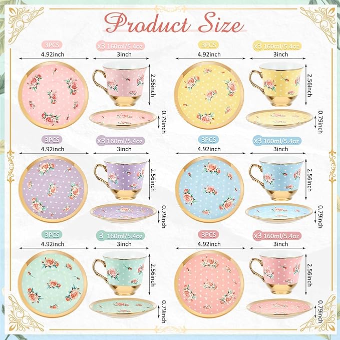 Set of 18 Tea Cups and Saucers Tea Party Decorations Floral Porcelain 5.4 oz British Gift for Women Birthday Party, Church, and Mother's Day (Vintage Style)