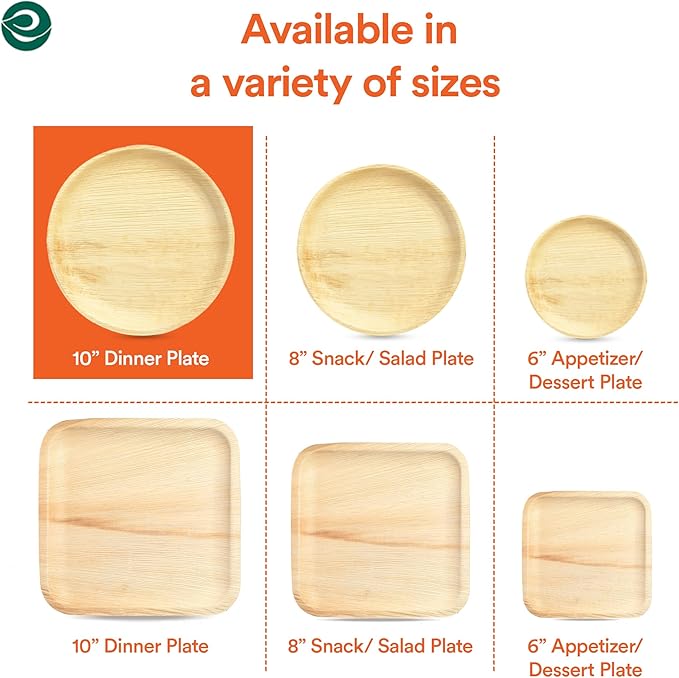 ECO SOUL Palm Leaf Disposable Bamboo Plates 10" Round Compostable & Biodegradable Party Plates for Christmas Dinner, Weddings, Parties & Events 50 Count