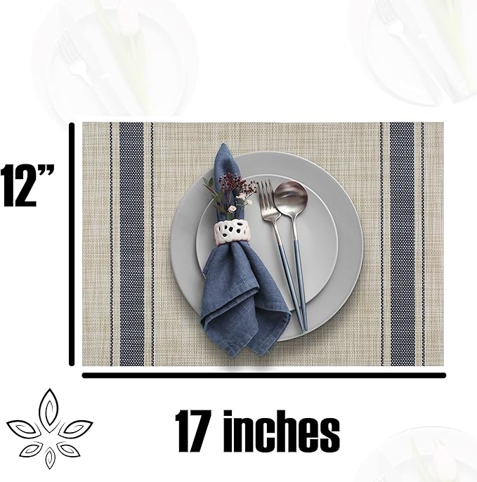 More D챕cor Dining Table Placemats, Washable Heat-Resistant PVC Vinyl Table Mats for Dining Room and Kitchen, Anti-Slip - Set of 6 - Vertical Striped Blue - Grey