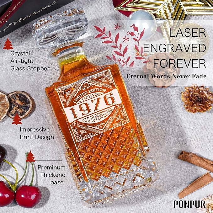 PONPUR 50th Birthday Gifts For Men Dad, 1976 Laser Whiskey Decanter Set with Gift Box, Anniversary Birthday Gift Ideas for Him Husband, 50 Years Bday Decorations, Whiskey Glasses & Whisky Stones Inc.