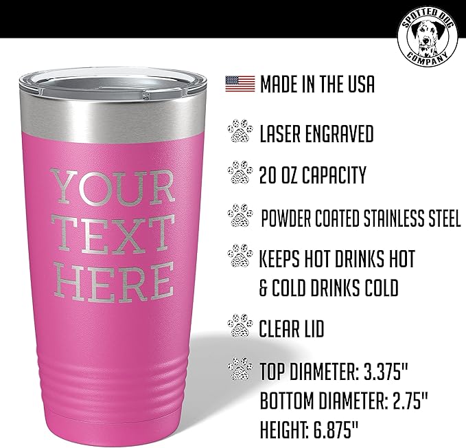 Personalized 20oz (17 Colors) Powder Coated Insulated Stainless Steel Tumbler with Lid, Custom Etched, Customized Text Message Name, Engraved Gift Idea Women Men Him Her, Your Text Here (Pink)