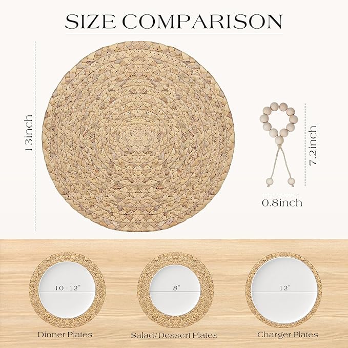 13??Woven Round Placemats Set of 4, Natural Water Hyacinth Braided Table Mats with 4 Wood Bead Napkin Rings, Washable Boho Farmhouse Rattan Place Mats for Home, Outdoor, Table Decor, Dinning, Wedding
