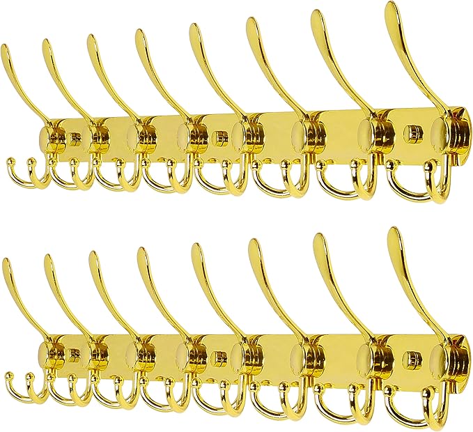 Dseap Coat Rack Wall Mount - 29.5??Long 8-Tri-Hooks Heavy Duty Coat Hanger Rail Wall Hooks for Hanging Coats Hats Clothing Clothes Purse Mudroom Entryway, Gold, Pack of 2