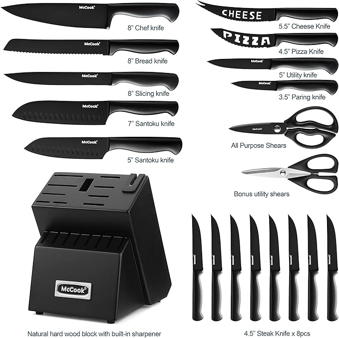 McCook짰 Premium Black Knife Sets,German Stainless Steel Kitchen Knives Block Set with Built-in Sharpener