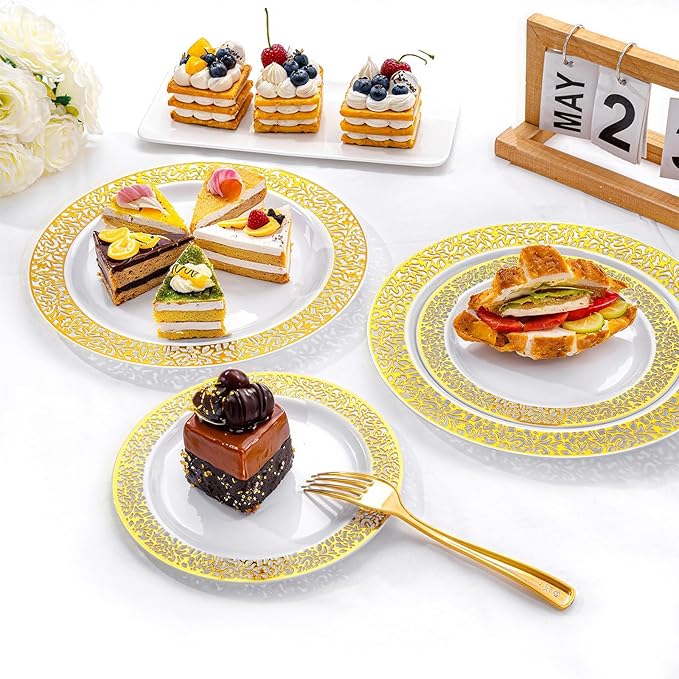 I00000 200 Pcs White and Gold Plastic Plates, Disposable Plastic Plates for 100 Guests Include: 100 Pcs Dinner Plate 10.25??and 100 Pcs Dessert Plate 7.5??Perfect for Party and Wedding