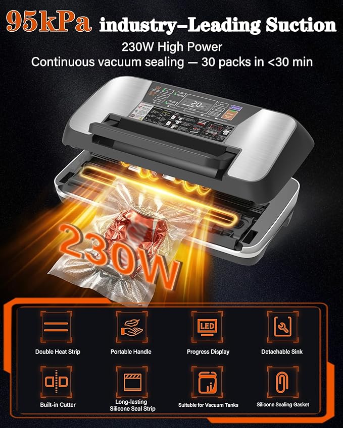 95KPa Food Vacuum Sealer Machine, 230W Vacuum Pack Machine 12-in-1 Automatic Powerful Food Preservation System with Double Heat Seal, Includes Built-in Cutter, Storage, 1 Roll & 10 Bags