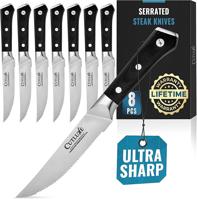 Cutluxe Steak Knives Set of 8, Serrated Steak Knives ??Forged High Carbon German Steel, Full Tang, Ergonomic Handle Design ??Artisan Series