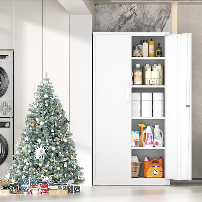 INTERGRAET 63" Tall Pantry Cabinet,Kitchen Pantry Storage Cabinets with 2 Doors and 4 Shelves,White Metal Storage Cabinet,Cupboard for Home,Kitchen,Living Room/Dining