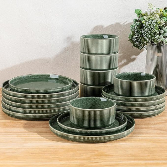 GBHOME Stoneware Dinnerware Sets for 8,Round Reactive Glaze Ceramic Plates and Bowls Set,Highly Scratch Resistant | Dishwasher & Microwave Safe Dishes Set,Service for 8(24Pcs),Dark Green