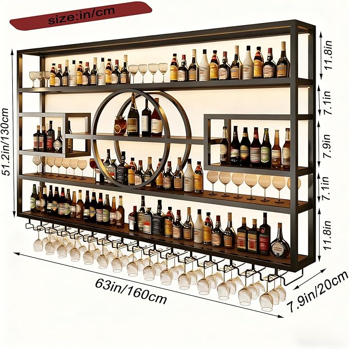 Wall Mounted Wine Rack, Modern Industrial Hanging Liquor Bottles Shelves with Wine Glass Holder, Metal Floating Wine Storage Display Shelf, for Bar, Kitchen, Wine Cellar (Black, 160cm/63in)