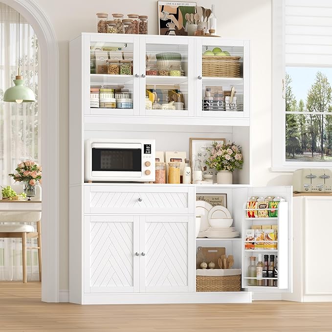 72??Tall Kitchen Pantry Storage Cabinet, Modern White Kitchen Hutch with Large Storage Drawer, Countertop, Adjustable Shelves, Food Pantry Cabinets for Dining Room, Living Room