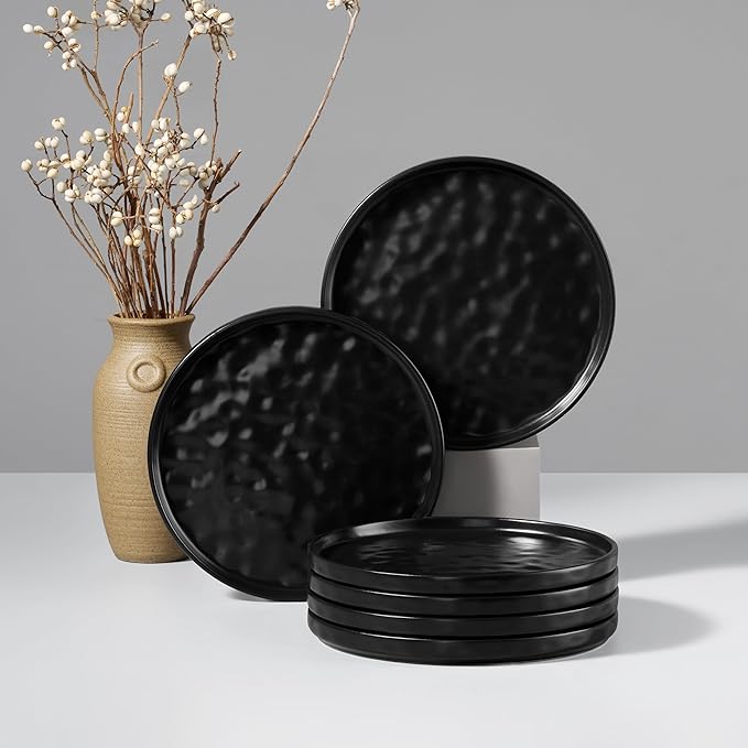 HaWare Stoneware Plates Set of 6, 7.9" Salad Plates, Reactive Glaze Ripple Ceramic Dish Set for Appetizer, Dessert, Scratch Resistant, Small Dinner Plate, Microwave and Dishwasher Safe, Matte Black