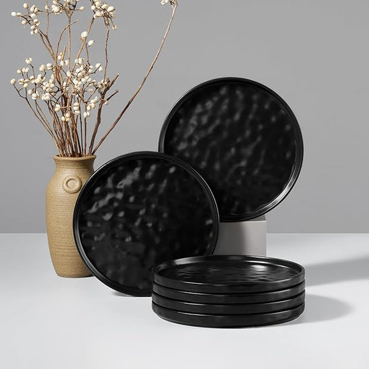 HaWare Stoneware Plates Set of 6, 7.9" Salad Plates, Reactive Glaze Ripple Ceramic Dish Set for Appetizer, Dessert, Scratch Resistant, Small Dinner Plate, Microwave and Dishwasher Safe, Matte Black