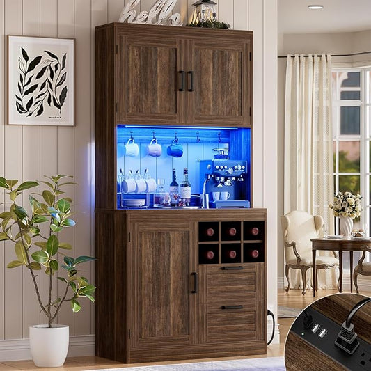 Unikito 72" Tall Kitchen Pantry Cabinet with LED Light & Outlet, Kitchen Hutch Coffee Bar with Microwave Stand, Wine Rack, Drawers and Storage Shelves, Cupboard for Dining Room, Weathered Brown