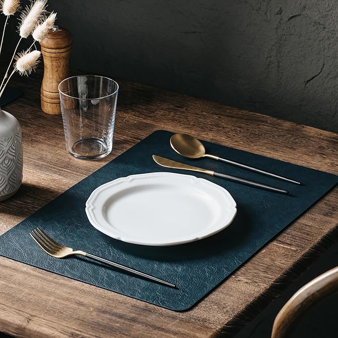 DOLOPL Placemats Set of 6 Reversible Dual-Color Table Placemats ??Heat Resistant Wipeable & Washable Place Mats, Luxury Faux Leather Table Mats for Vintage Dining Table Decor (Camel & Navy Blue)