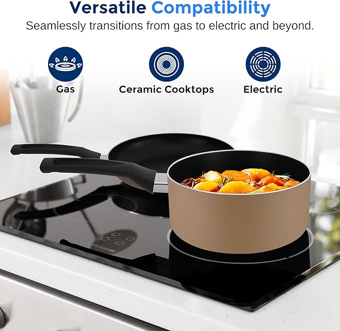 SereneLife 6-Piece Pots and Pans Set ??Nonstick Cookware, Black Coating, Heat-Resistant, Dishwasher safe, Includes Fry Pans, Saucepans with Lids, Color Gold