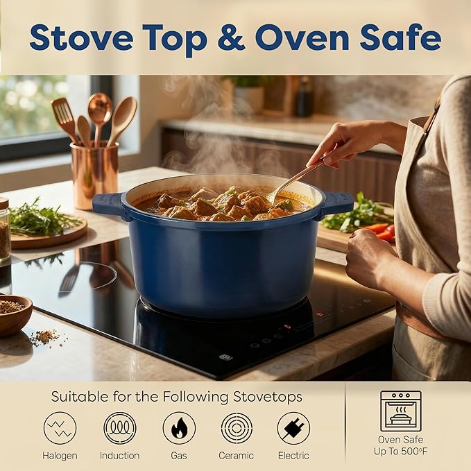 Gotham Steel 5 Qt Lightweight Dutch Oven Pot with Lid & Holders, Ceramic Non Toxic, Oven Safe & Even Heat Retaining Dutch Oven for Bread Baking Sourdough, Soup, Casserole, 70% Lighter than Cast Iron