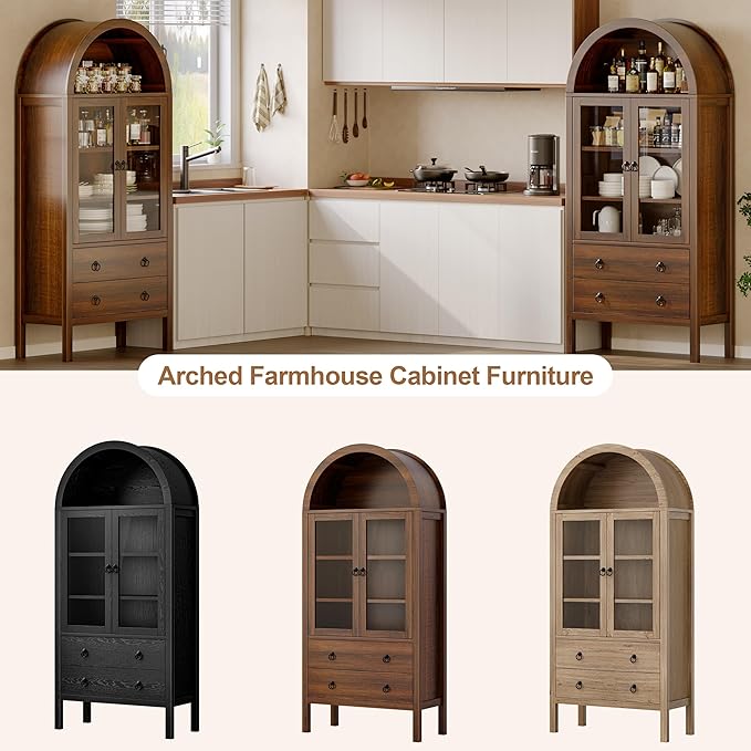 Arched Cabinet, 71" Tall Wooden Storage Cabinet, Arched Bookshelf with Glass Doors and Drawer for Living Room, Kitchen, Dining Room (Brown)