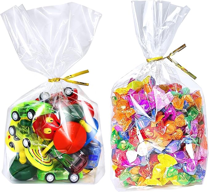 PigPotParty Cellophane Treat Bags 6"x9", 100 Pack Clear Goodie Bags, Bottom Gusset for Stand-Up Display, Small Plastic Gift Wrap for Cookies, Candy, Party Favors, Popcorn, Includes 100 Gold Ties