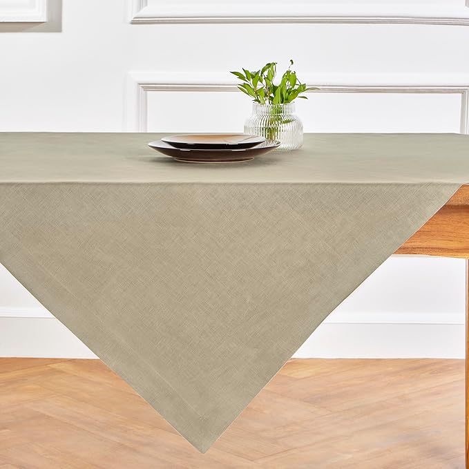 Solino Home Linen Square Tablecloth 52 x 52 Inch - 100% Pure Linen Vintage Khaki Table Throw - Fete, Machine Washable Table Cloth for Spring, Easter