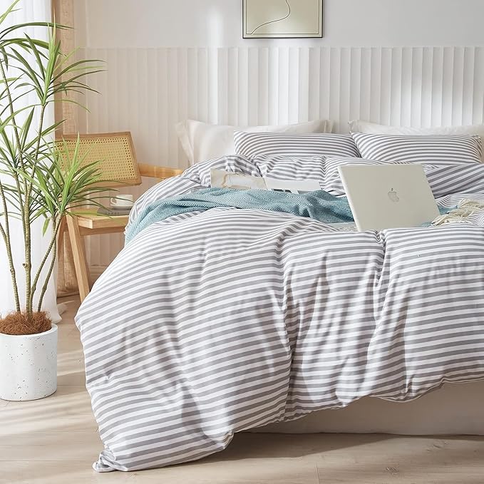 Queen Comforter Set Grey White Stripes Comforter 3 Pieces Fluffy Soft Lightweight Bedding Comforter for All Season Down Alternative Comforter Boho Farmhouse Bedding Striped Comforter Set