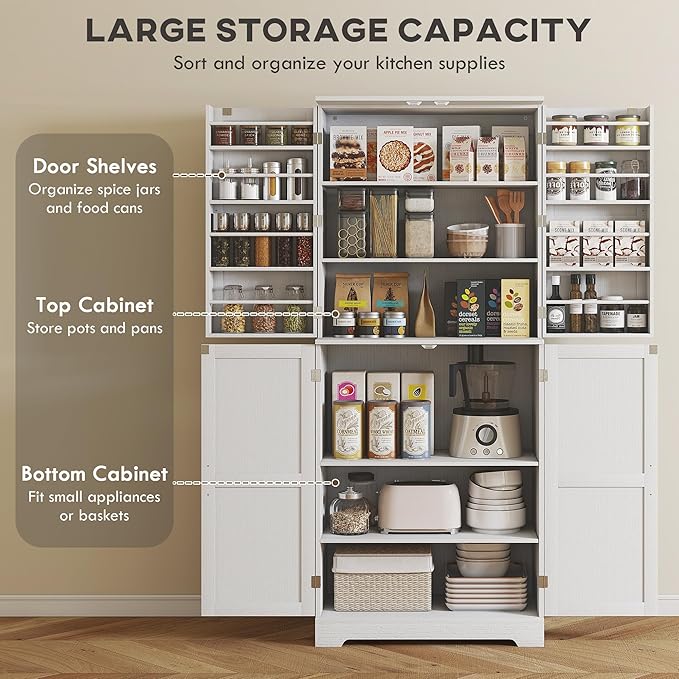 HOMCOM 72" Farmhouse Kitchen Pantry Cabinet, Freestanding Tall Storage Cabinet with 4 Barn Doors, 4 Adjustable Shelves and 8 Door Shelves, Embossed White Wood Grain
