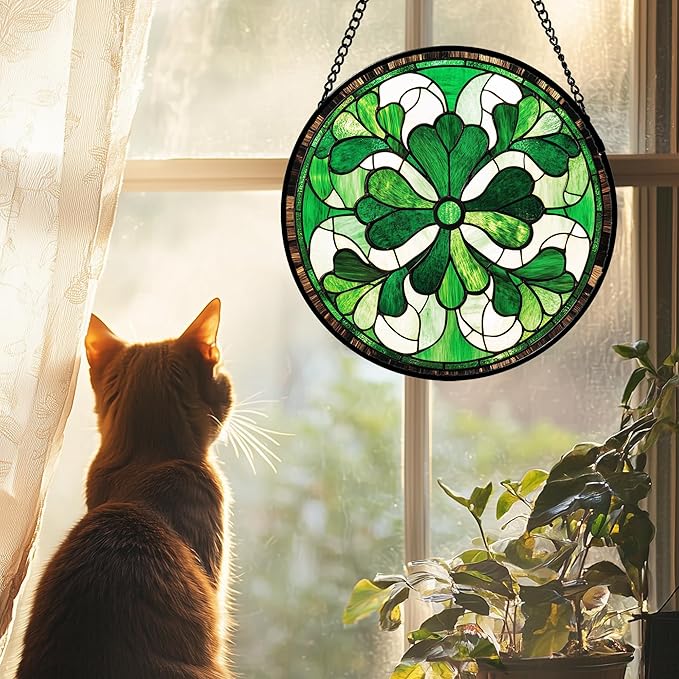 Stained Glass Window Hanging White Green Decoration 6.3" - Suncatcher Door Garden Sun Catcher Ireland Decor Birthday Mother's St. Ripack's Day Gift for Woman Mom Men Friend Nana Wife