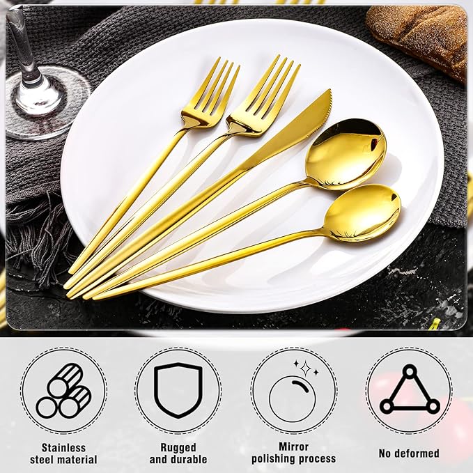 Meanplan 200 Pcs Gold Silverware Set Stainless Steel Flatware Set Cutlery with Knives Spoons and Forks Portable Reusable Gold Utensils Kit for Home Restaurant Apartment and Kitchen, Service for 40