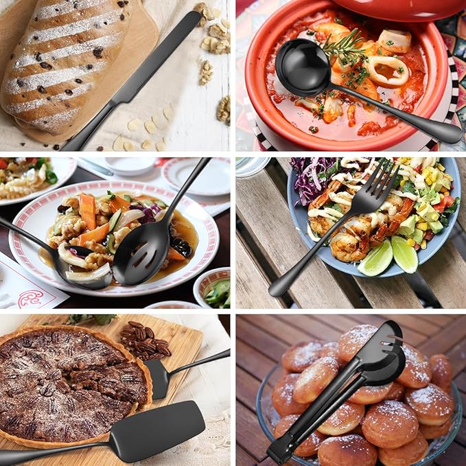 AARAINBOW Exquisite 8 Pieces Serving Utensils Set, Stainless Steel Serving Utensils Large Hostess Serving Set with Serving Spoons, Serving Tongs, Serving Fork, Cake Knife for Parties Buffet (8 Black)…