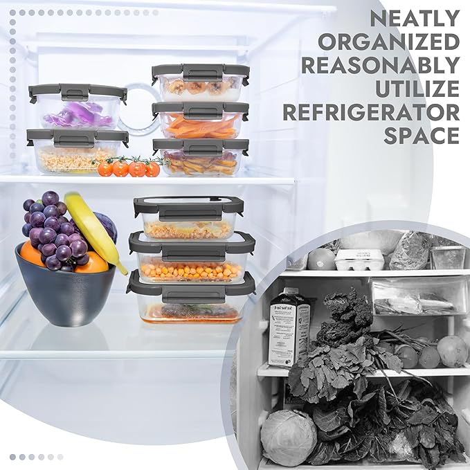 10-Pack Glass Food Storage Containers with Tempered Lids ??Borosilicate, Airtight, Oven-Safe (-4째F~950째F), BPA-Free, 4.4 & 1.6 Cup, Leak-Proof, Dishwasher Safe (Gray)