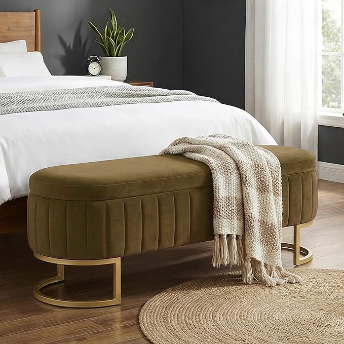 VIROL 51 Inch Storage Ottoman Bench Velvet End of Bed Storage Bench King Size Upholstered Tufted Bench Large Space for Bedroom Living Room Entryway Coffee