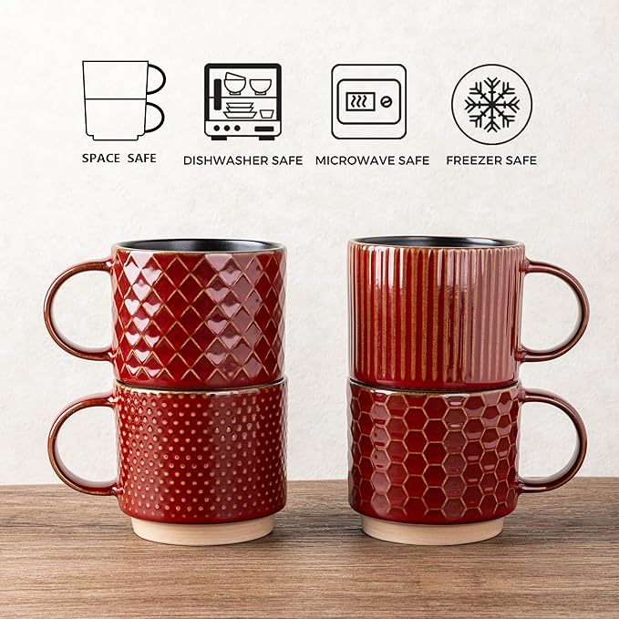GBhome 12 OZ Stackable Coffee Mugs Set of 4, Ceramic Coffee Cups with Texture Patterns for Man,Woman,Dad,Mom, Modern Mugs Set for Latte/Cappuccino/Cocoa. Dishwasher&Microwave Safe, Red
