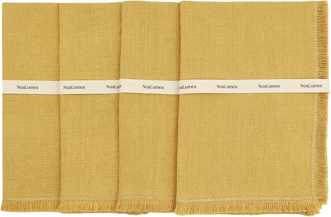 Noalumea 100% Linen Placemats Set of 4 ??Thick Mustard Yellow Table Mats with Hand-Frayed Edges, Machine Washable, Elegant Dining Table Decor for Everyday Meals & Holiday Gatherings, 14 x 19 Inch