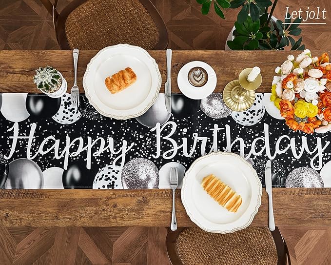Letjolt Silvery Black Balloon Happy Birthday Table Runner 72 Inches Celebrate Birthday Party Table Decor