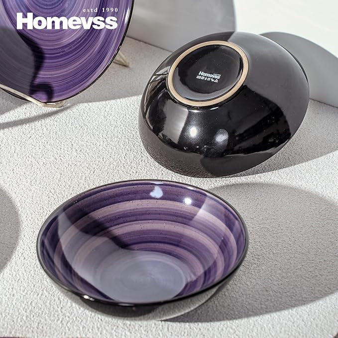 Sonoma 56-Piece Dinnerware Set - Serves for 8, Black and Speckled Purple Plates & Bowls Set | Microwave & Dishwasher Safe | Sonoma Style, Purple