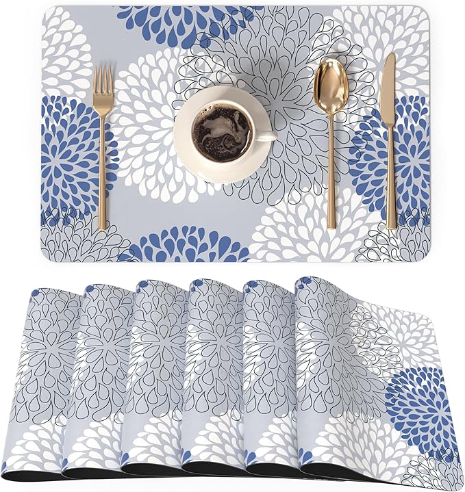 QIYI Placemats Set of 6, 12x18 Inch Faux Leather Place Mats for Kitchen Dinning, Heat Resistant Anti Slip Flower Table Mats, Waterproof Wipeable Washable Placemat Party Table D챕cor, Blue Floral Burst