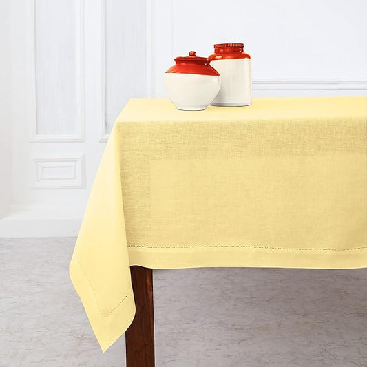 Solino Home Linen Yellow Tablecloth 60 x 132 Inch - Classic Hemstitch, 100% Pure Linen Rectangular Tablecloth - Machine Washable Table Cloth for Valentines, Spring, Easter