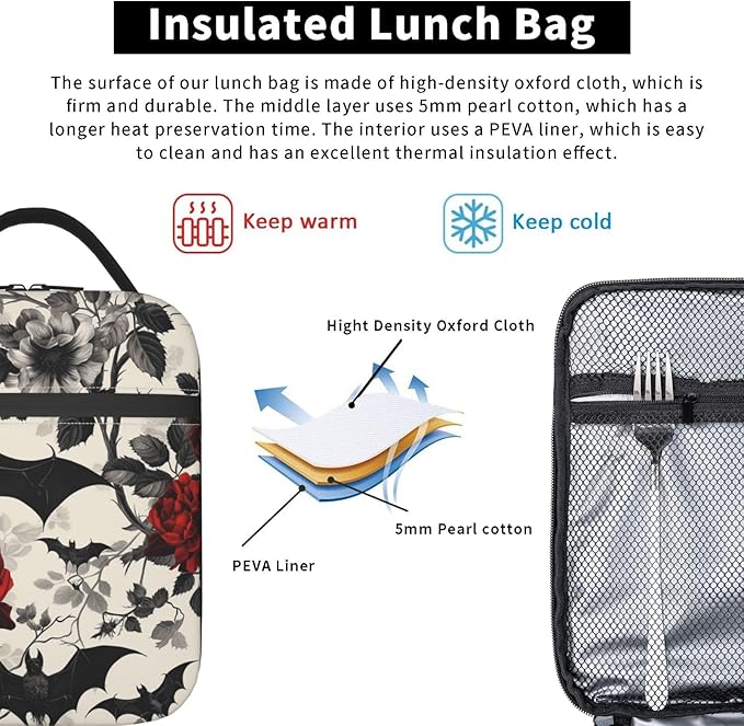 VANZEV Goth Lunch Box for Adults Women Girls Boys Kids Floral Lunch Box Insulated Cooler Reusable Lunch Bag Container Gifts for Work Office Picnic Travel School