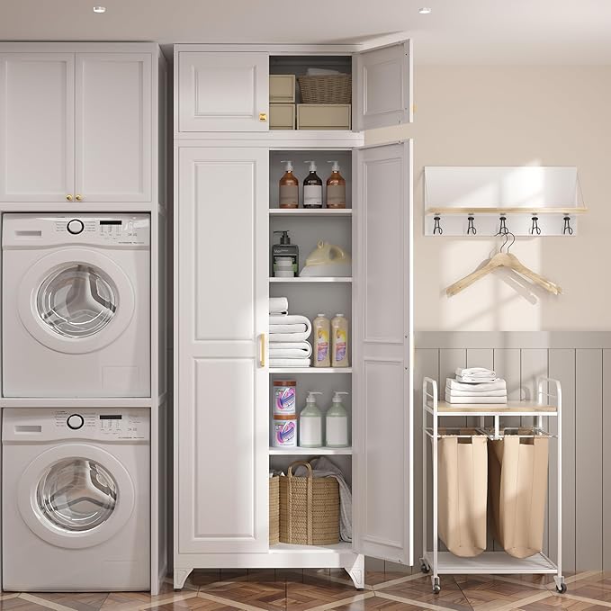 Steeloong90??Kitchen Pantry Cabinet,Metal Storage Cabinets with Doors and 4 Adjustable Shelves,White Kitchen Cabinet with 2 Gold Handles,Tall Cabinet for Livingroom,Pantry, Bathroom